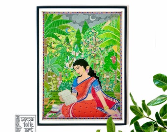 Impression Bageecha (le jardin), peinture Madhubani, art mural folklorique indien, fille brune, amoureuse des livres, article de décoration intérieure, art Warli