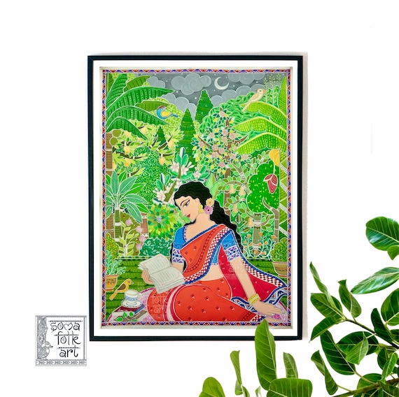 Madhubani Painting Print, Indian Folk Art, Brown Girl Reading in Garden