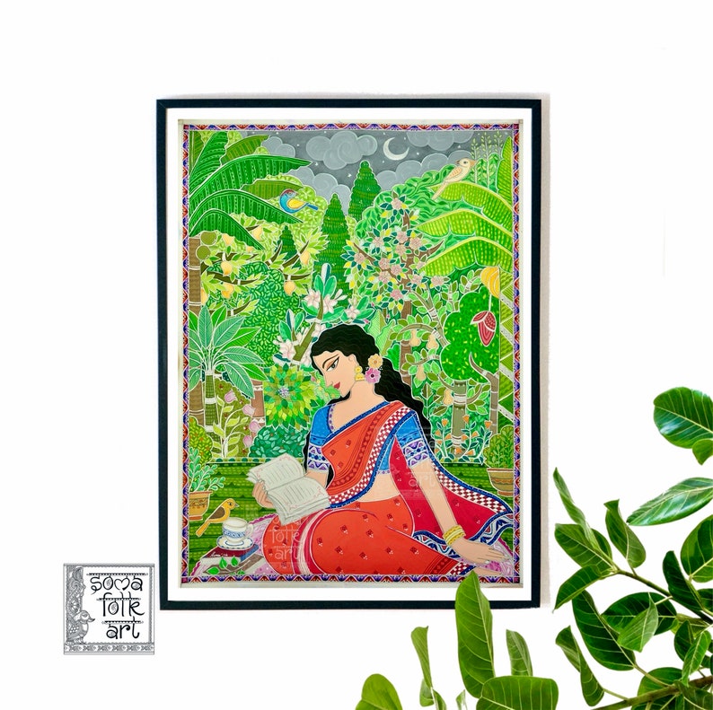 May include: A painting of a woman in a red and blue sari sitting in a lush green garden, reading a book. The garden is filled with flowers and trees, and there are birds flying around. The woman is surrounded by a peaceful and serene atmosphere.