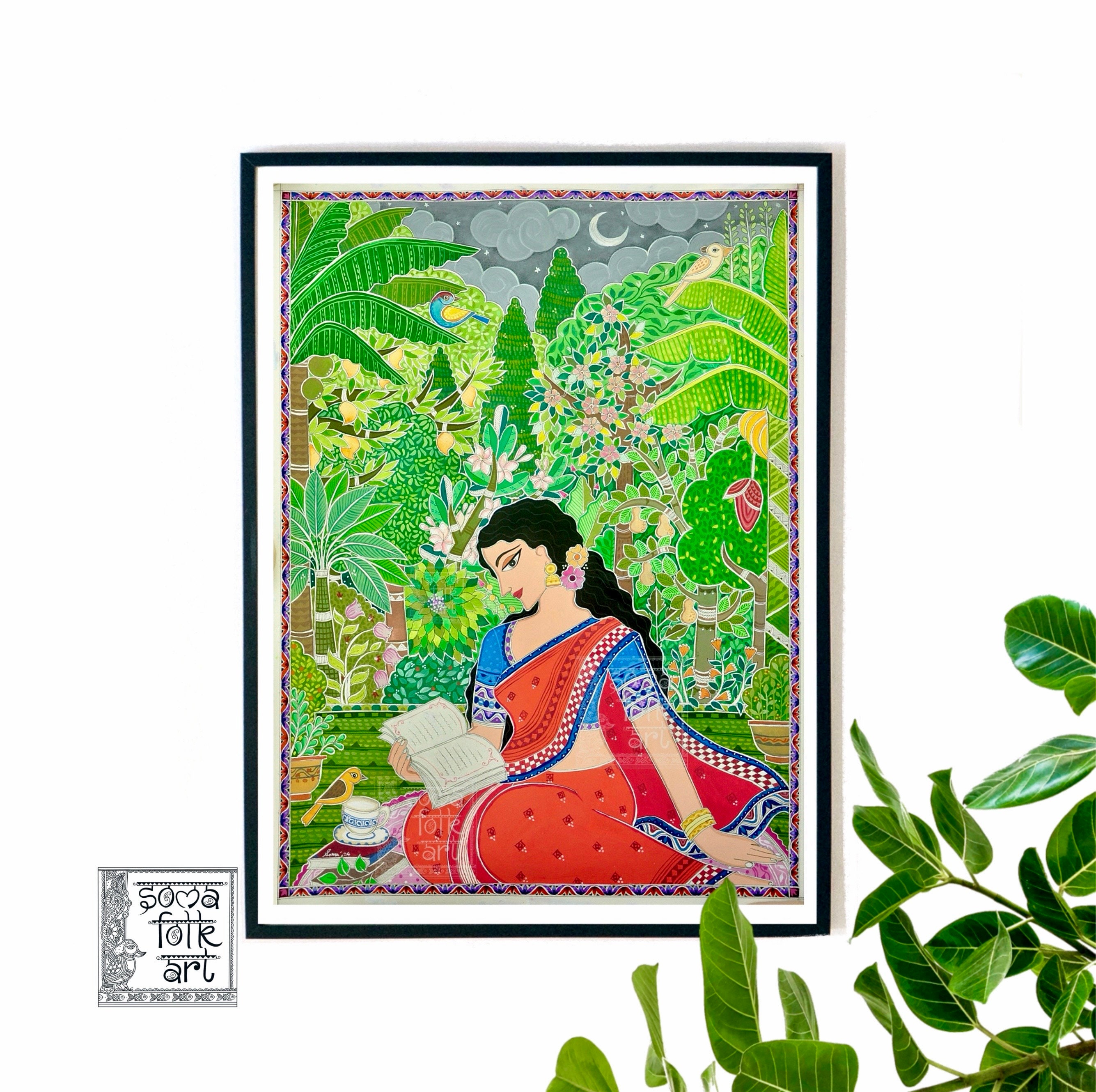 Madhubani Painting Print, Indian Folk Art, Brown Girl Reading in Garden ...