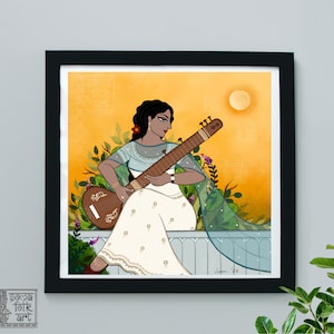 Print Indian Woman playing Sitar Art, Desi Art, Indian Art, South Indian Print, South Asian, Musical instrument Decor, Gift for Musician