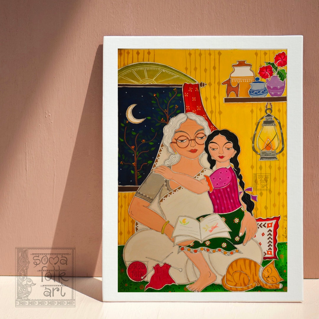 Print Madhubani Grandmother and Granddaugter Indian Wall Art - Etsy