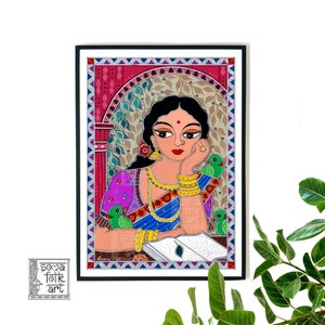 Print Madhubani Lady lost in her thoughts painting Desi  Brown Girl Indian Wall decor