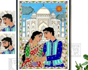 Print Madhubani Tajmahal Indian Desi Brown Couple Wall Art