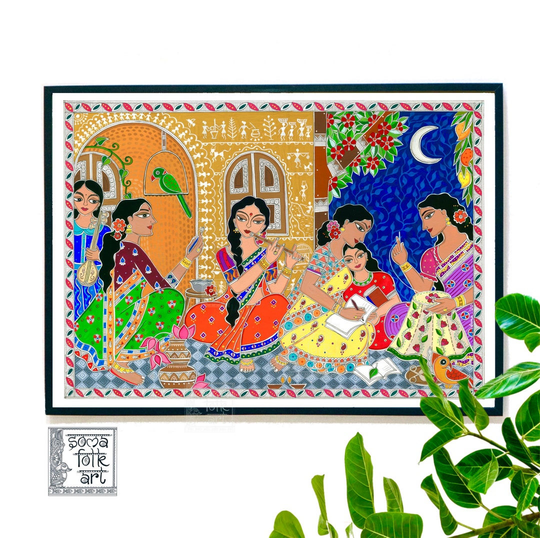 Madhubani Art Print, Indian Folk Art, Female Friendship Wall Decor - Etsy