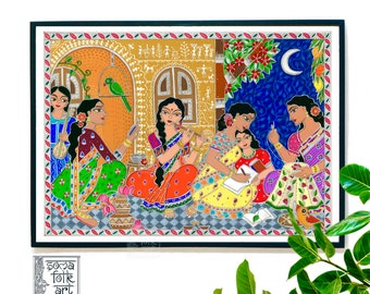 Print Artist friends, Madhubani, Warli painting , Indian folk Art, Gift for Artist, Desi Brown Girl,  Wall Art, Female Friendship