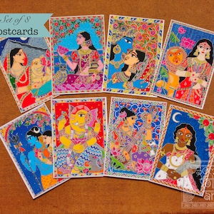 Cartões postais Madhubani, conjunto de 8, arte de parede indiana Desi