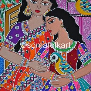 Print Madhubani Indian Folk Wall Art Mother Daughter Macaws Desi Brown ...