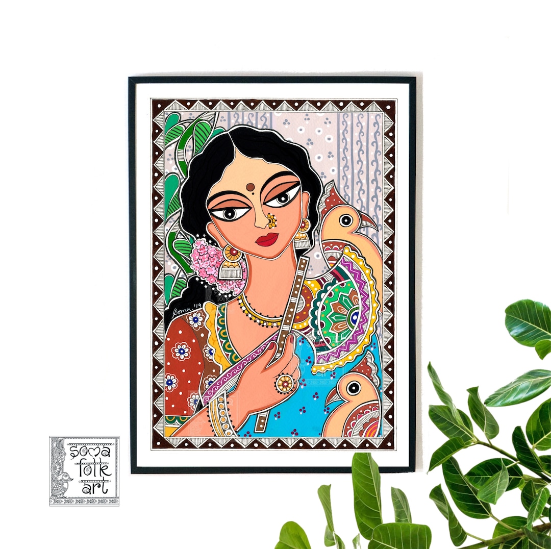 Print Madhubani Lady With Cockatoos Painting Indian Wall Decor - Etsy
