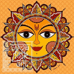 PrintMadhubani Sun, Indian Folk Art, Hinduism Wall Home Decor