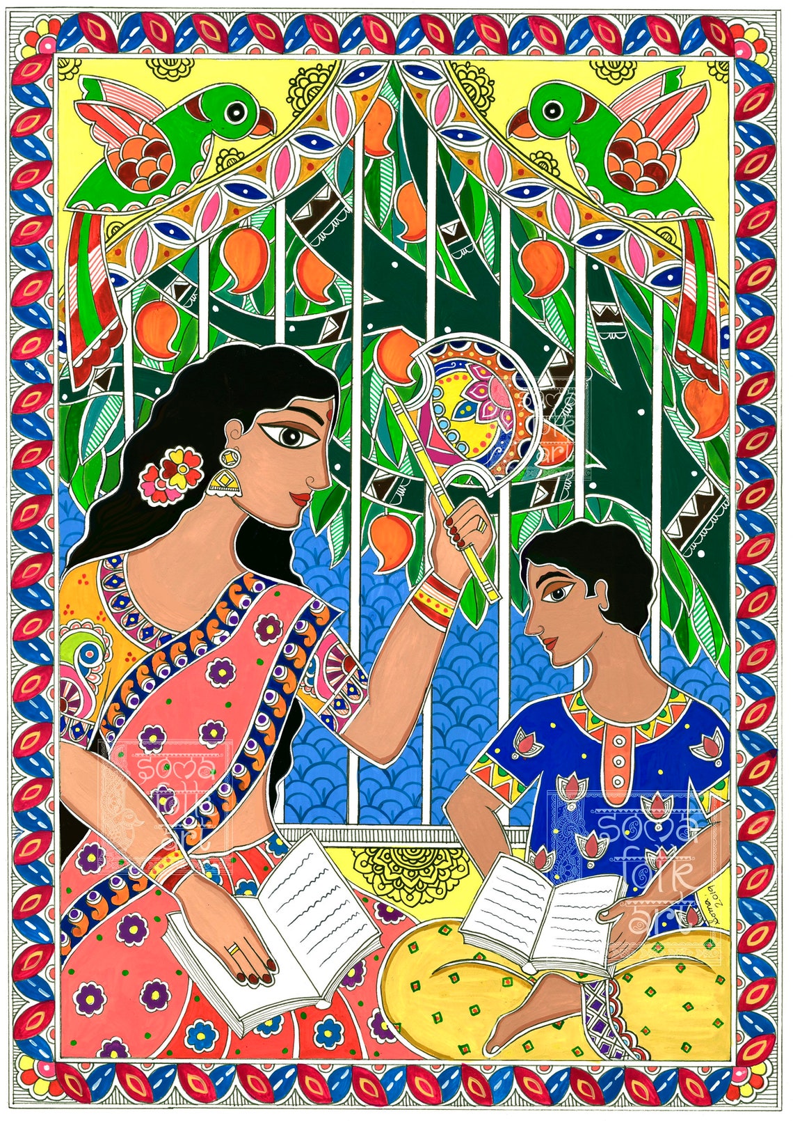 Madhubani Art Print: Mother & Son With Parrots, Indian Wall Decor - Etsy