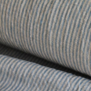 50 x 160 cm, LINEN FABRIC STRIPES Blue/Natural, linen fabric for curtains, clothing, dress, blouse, shirt, linen fabric, striped fabrics Blau / Natur