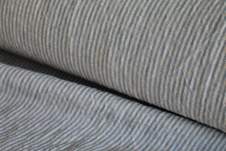 50 x 160 cm, LINEN FABRIC STRIPES Blue/Natural, linen fabric for curtains, clothing, dress, blouse, shirt, linen fabric, striped fabrics Blau / Natur