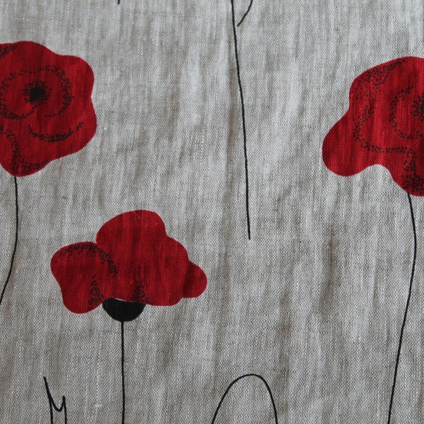 39 x 150 cm, Leinen Stoff Mohn Blumen vorgewaschen bedruckt Leinen Vorhang Vorhangstoff Vorhänge Bettwäsche Leinen Tischläufer Tischdecke