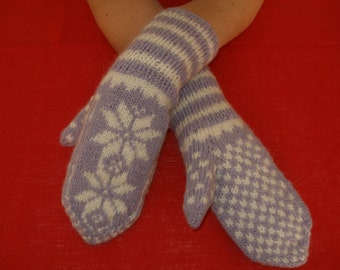 Hand knitted GLOVES Norwegian size S/Meter Mittens, wool gloves, knitted gloves Winter gloves Gloves lilac white knitted