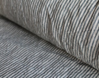50 x 160 cm: Linen fabric stripes, blue/natural. Linen fabric for curtains. Linen by the meter. Pre-washed linen. Fabric for sewing and crafting.