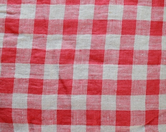 50 x 150 cm,  LEINENSTOFF KARO ROT/ Natur vorgewaschen  Leinen Vorhang Vorhangstoff Vorhänge Bettwäsche Leinen Tischläufer Tischdecke Kleid