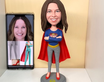 Custom Superhero Polymer Clay Bobblehead Figurine, Personalized Gift