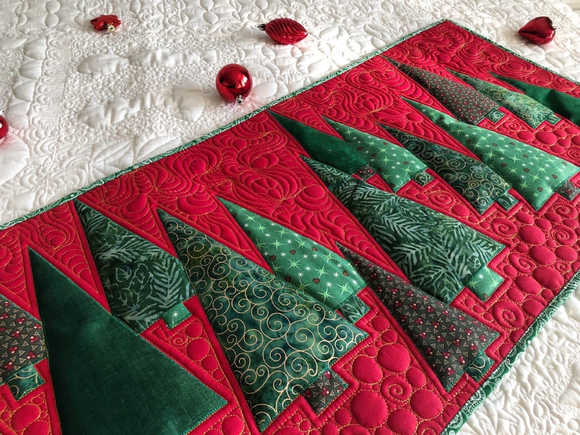 Long table runner Quilt Christmas trees Bed quilted runner Etsy