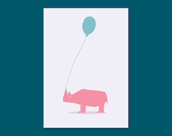 the rhino with the balloon // greetings card