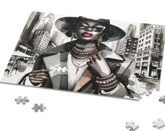 Black Girl Fashion, African American Woman Jigsaw Puzzle, Afrocentric Artwork, Jigsaw Puzzle Enthusiast, Black and White Puzzle, Fashionista