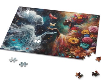 May include: A colorful jigsaw puzzle featuring two women, one with a flowing white dress and the other with a colorful dress adorned with flowers. The women are reaching towards each other with outstretched hands, and a butterfly flies between them.