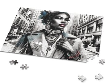 Black Girl Fashionista Gift, African American Woman Jigsaw Puzzle, Afrocentric Artwork, Jigsaw Puzzle Enthusiast, Black and White Puzzle