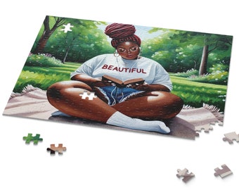 Curvy Black Woman, Black Girl Reading Puzzle, 500 Piece Puzzle Black Woman, African American Jigsaw Puzzle, Bookish Gift for Her, Book Lover