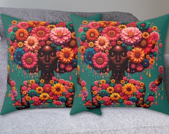 Black Girl With Flowers Pillow, Afrocentric Home Decor, Throw Pillow With Black Girl On It, African American Flower Girl, Ethnic Artwork