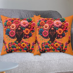 Black Girl With Flowers Pillow, Afrocentric Home Decor, Throw Pillow With Black Girl On It, African American Flower Girl, Ethnic Artwork