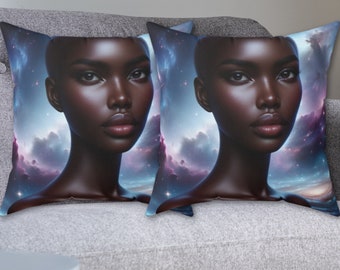 Black Girl Throw Pillow, Galaxy Pillow Design, Afrocentric Home Decor, Black Woman Housewarming Gift, Woman Empowerment, Pillow for Couch
