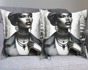 Black Fashion Girl Pillow, African American Home Decor, Afrocentric Design, Cute Throw Pillow for Couch, Gift for Black Girl, New Home Owner