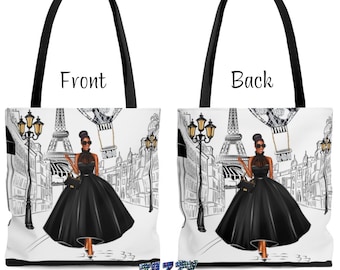 Black Girl Tote - Paris Themed Tote Bag - Gift Idea for Black Woman - Carryall Accessory Tote Bag - Travel Bag for Women - Shopping Bag