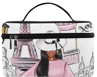 Lady in Paris Cosmetic Makeup Tote Bag Case Container - African American Brown Girl Accessories - Unique Gift Ideas for Her - Toiletry Bag