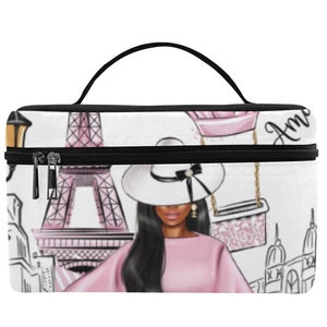 Lady in Paris Cosmetic Makeup Tote Bag Case Container - African American Brown Girl Accessories - Unique Gift Ideas for Her - Toiletry Bag