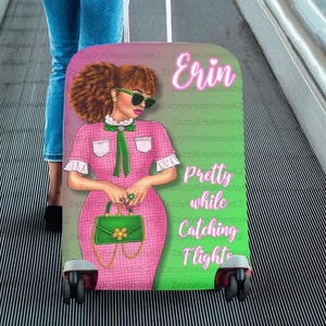 Pink and Green Suitcase Cover, African American Luggage Cover, Luggage Cover Suitcase Protector for Black Woman, Personalized Suitcase Cover