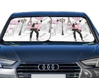 Lady in Paris Anti UV Custom 2 Piece Car Windshield Sun Shade - 1st Car Owner Gift Ideas - Automotive Window Sun Shield - Melanin Car Shade