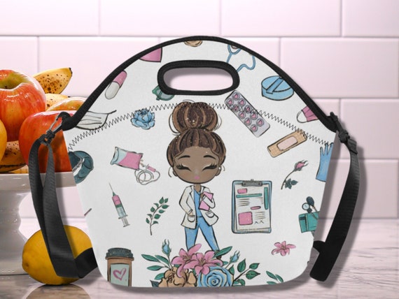 Lunch Bag with Shoulder Strap for Black Nurse, Neoprene Work Lunch Bag for School Nurse, Nurse Educator Anniversary Gift, Nurse Grad Gift