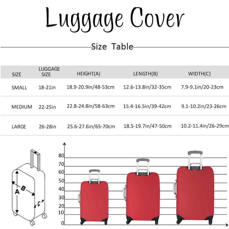 May include: A size chart for luggage covers shows the different sizes of luggage covers available, with measurements in inches and centimeters. The chart shows the height, length, and width of each size of luggage cover. The chart also includes a diagram of a luggage cover with the measurements labeled.