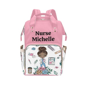 Cute Personalized Fashion Travel Backpack for Nurse, Gift for Black Registered Nurse, Home Health Work Backpack, Water Bottle Holder Tote