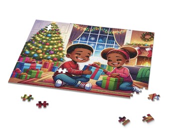 African American Christmas Puzzle, Black Santa, Black Boy and Girl 500 Piece Jigsaw Puzzle, Toys for Black Children, Afro Boy Art Christmas