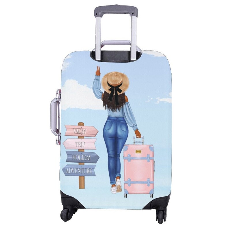 May include: A blue suitcase cover with a cartoon illustration of a woman wearing a straw hat and jeans. The woman is holding a pink suitcase and standing in front of a wooden signpost with the words "Vacay Trip", "Holiday", and "Adventure" written on it.