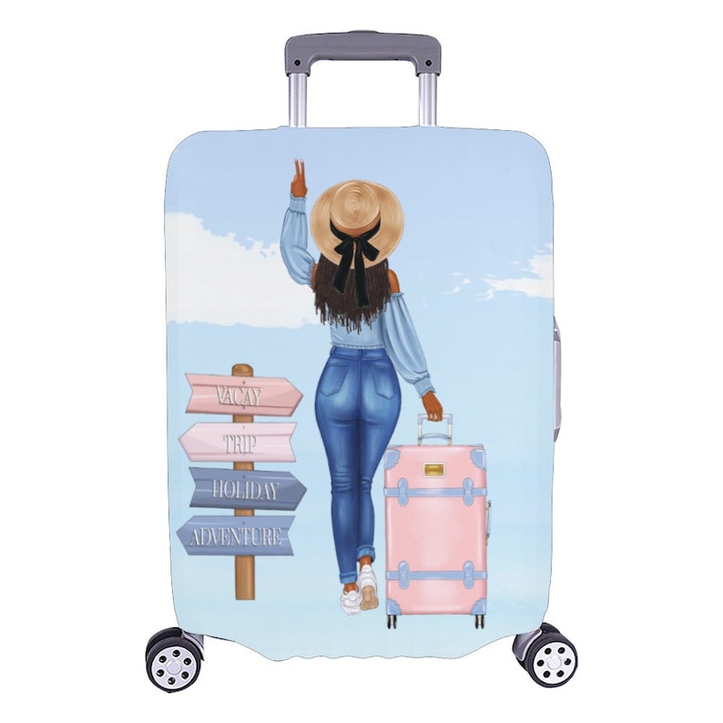 May include: A blue luggage cover with a cartoon illustration of a woman wearing a straw hat and jeans, holding a pink suitcase. The woman is standing in front of a wooden signpost with arrows pointing to "Vacay", "Trip", "Holiday", and "Adventure".