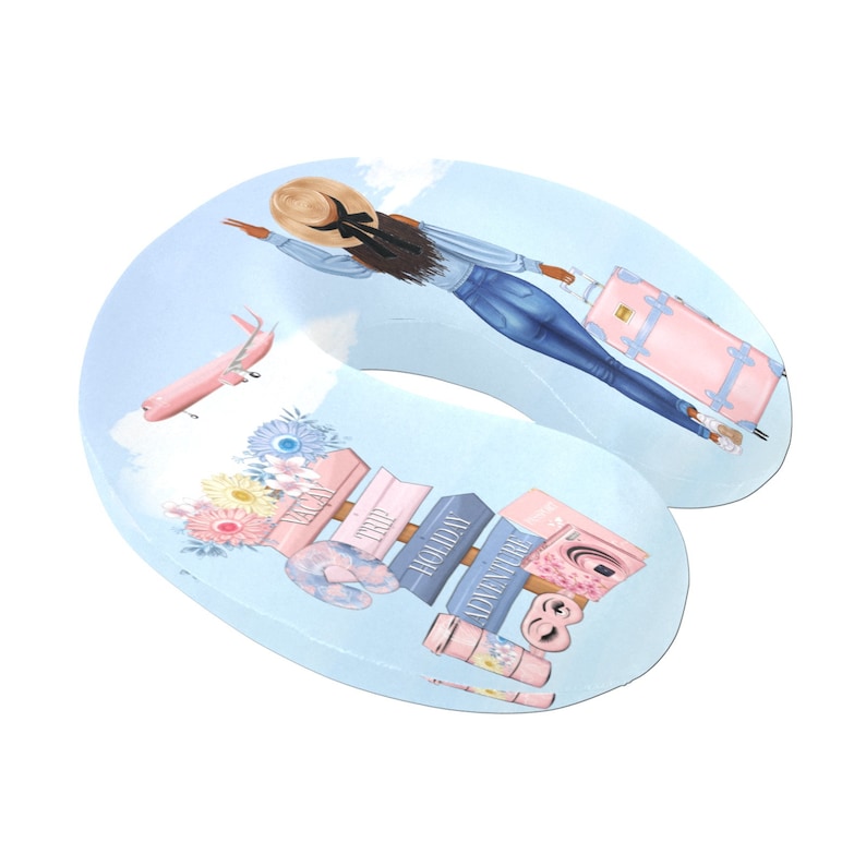 May include: A blue travel neck pillow with a colorful design featuring a woman with a suitcase, a plane, flowers, and the words "Vacation Trip", "Holiday", "Adventure", and "Travel".