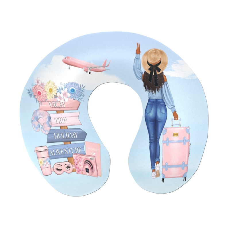 May include: A blue and pink travel neck pillow with a woman wearing a straw hat and blue jeans, holding a pink suitcase. The pillow has a sign that says "Vacay Trip Holiday Adventure".