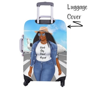 May include: A luggage cover featuring a cartoon illustration of a woman wearing a denim jacket, jeans, a hat, and sunglasses. The woman is standing on a runway with a private jet in the background. The text "Work Stay Travel Repeat" is printed on the woman's shirt.