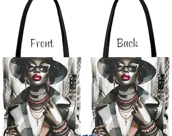 Black Fashion Girl Tote Bag, African American Art, Custom Tote Bag for Laptop, Urban Tote, Birthday Gift for Sister, Black Girl Tote Bag