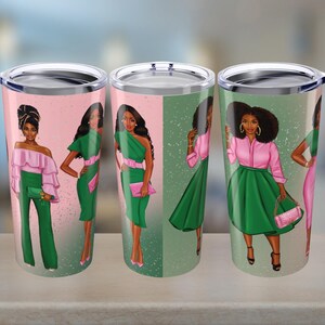 Pink and Green Sorority Inspired Tumbler, 20oz Stainless Steel Cup, Founders Day Gift for Black Women, Sisterhood, African American Sorority