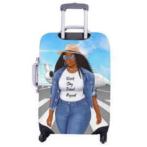 May include: A luggage cover featuring a digital illustration of a woman wearing a denim jacket, jeans, a hat, and sunglasses. The woman is walking on a runway with a private jet in the background. The text "Work Stay Travel Repeat" is printed on the woman's shirt.