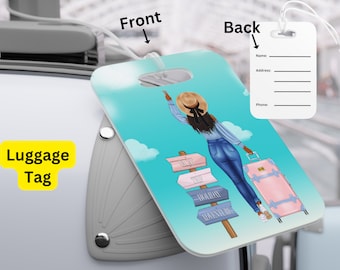 May include: A turquoise luggage tag with a cartoon illustration of a woman with long black hair wearing a straw hat and blue jeans. She is holding a pink suitcase and standing on a wooden signpost with the words "Vacation", "Trip", "Holiday", and "Adventure" written on it. The back of the tag has a white label with spaces for a name, address, and phone number.